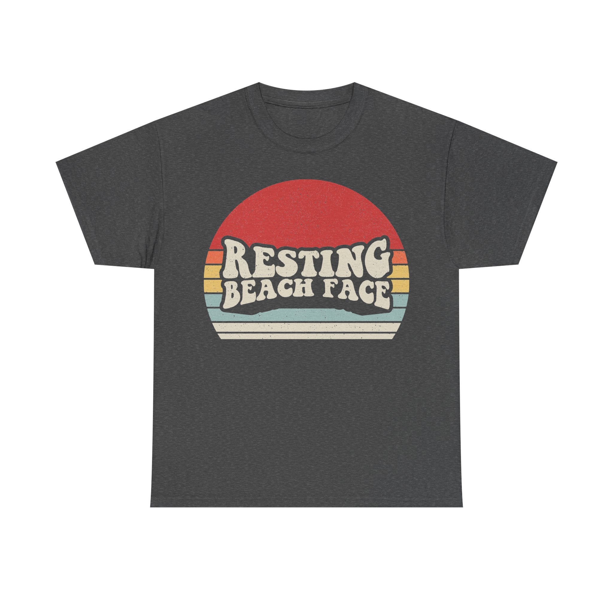 T-shirt with retro sunset graphic and Resting Beach Face text on dark gray fabric