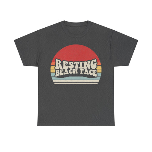 T-shirt with retro sunset graphic and Resting Beach Face text on dark gray fabric