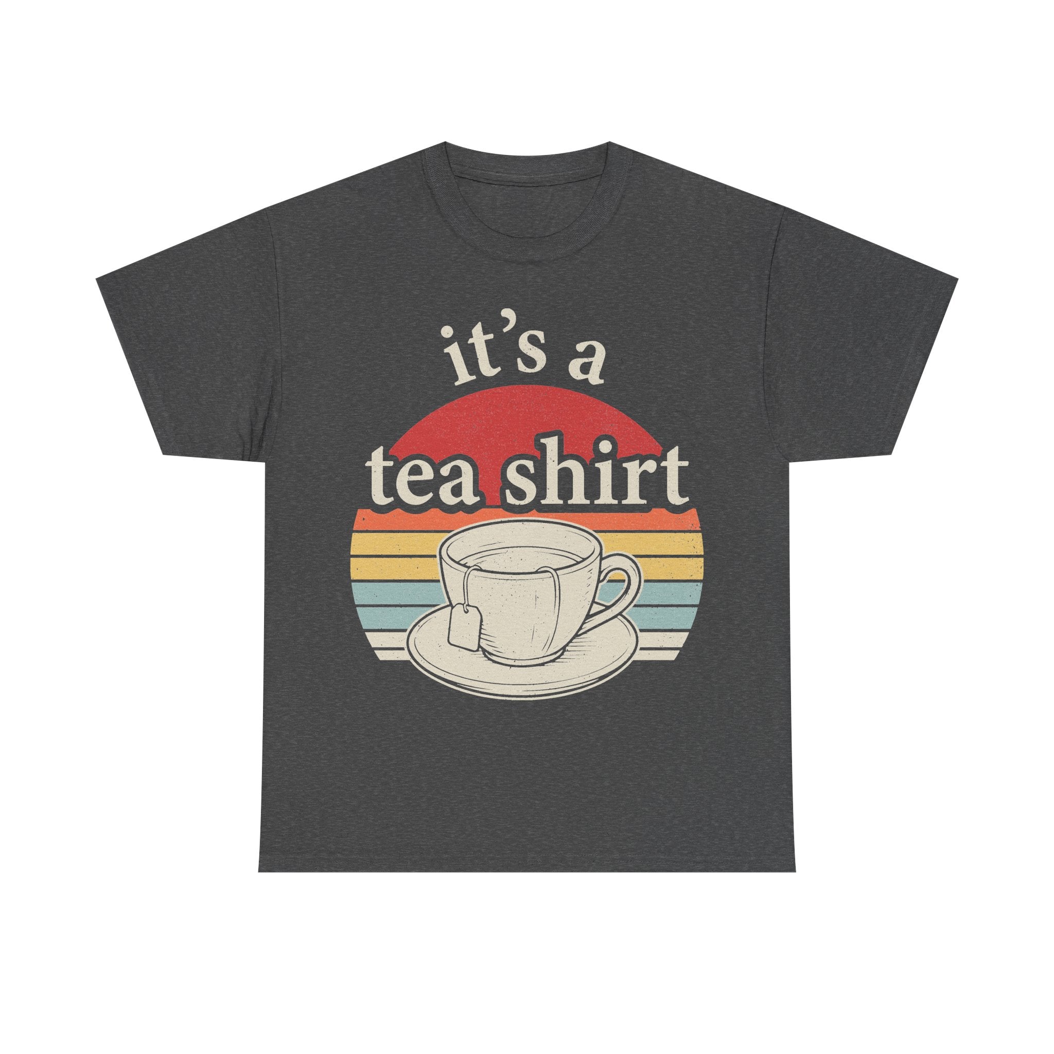 T-shirt with retro rainbow teacup graphic and the text it's a tea shirt on dark charcoal gray