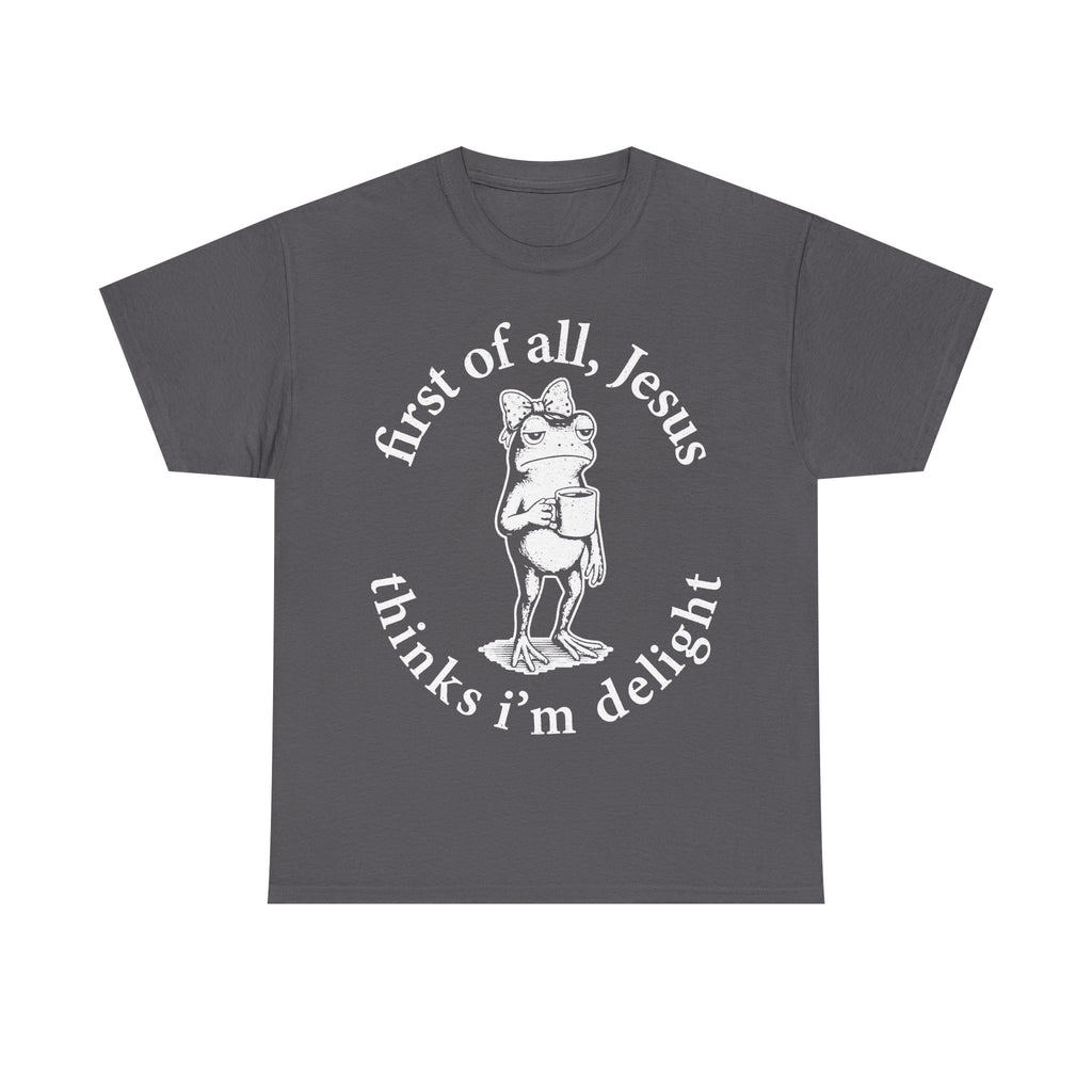T-shirt, gray with white circular text design featuring a frog in a bow tie holding a mug.