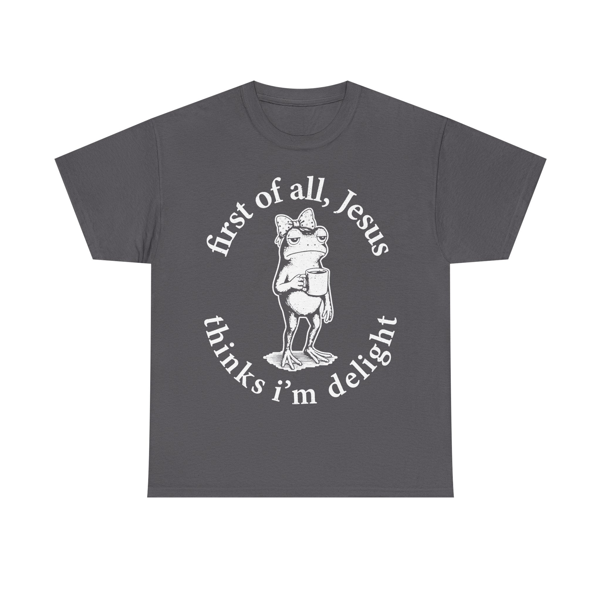 T-shirt, gray with white circular text design featuring a frog in a bow tie holding a mug.