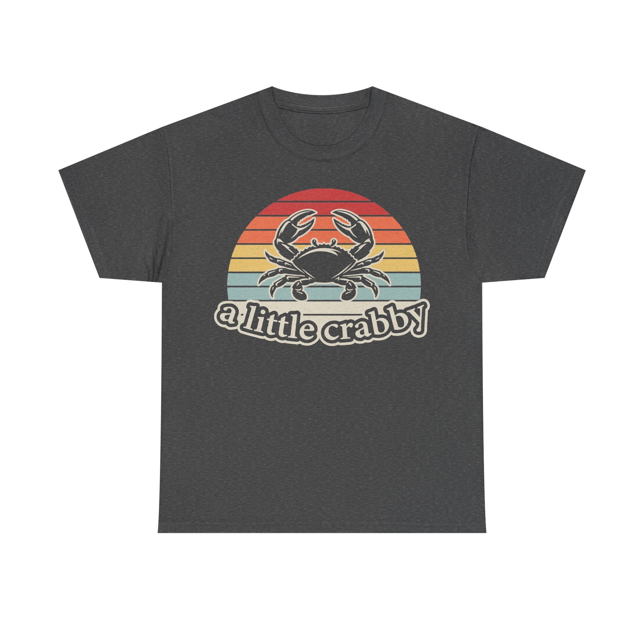 T-shirt with retro sunset stripes and crab graphic, featuring a little crabby text on dark heather gray.