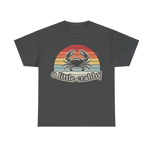 T-shirt with retro sunset stripes and crab graphic, featuring a little crabby text on dark heather gray.