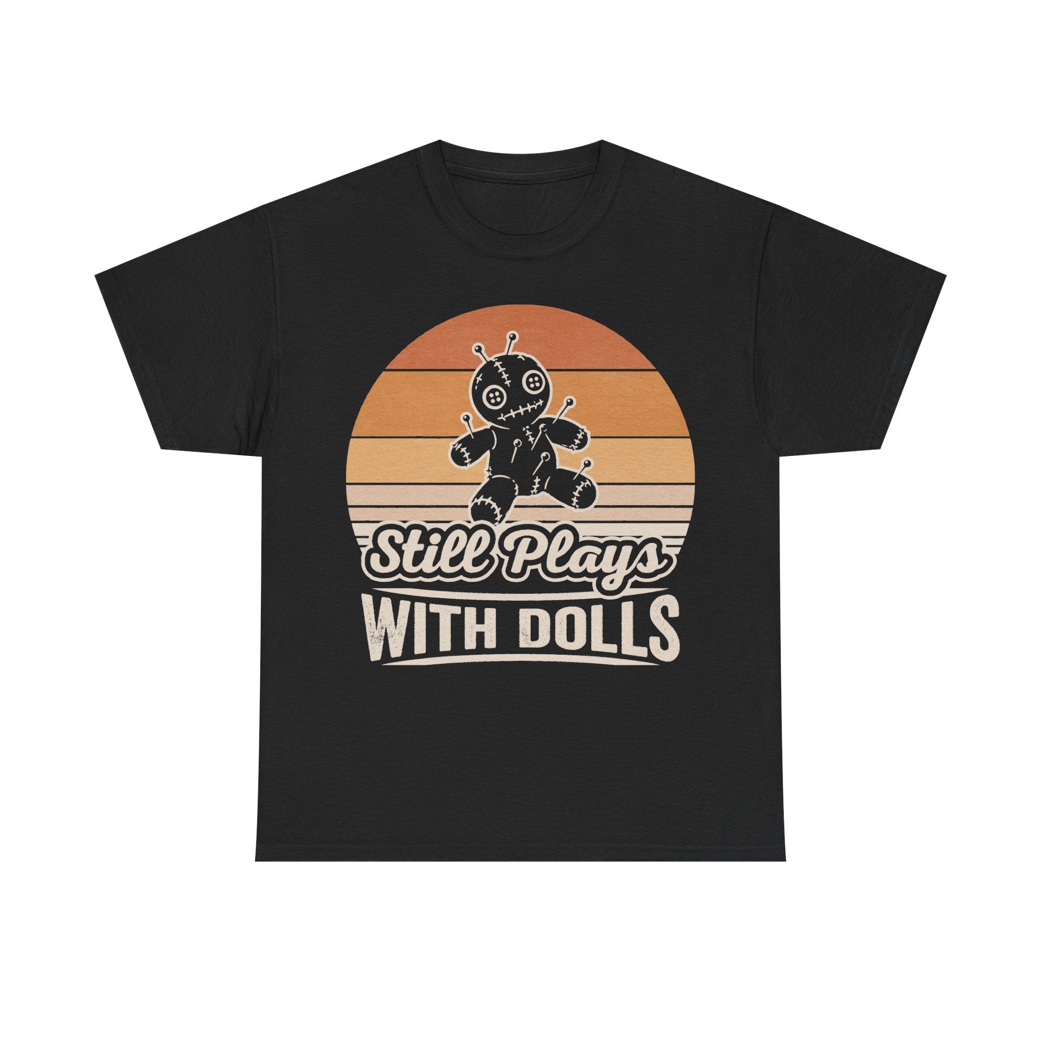 Black T-shirt with retro sunset graphic featuring a stitched voodoo doll and the phrase Still Plays With Dolls