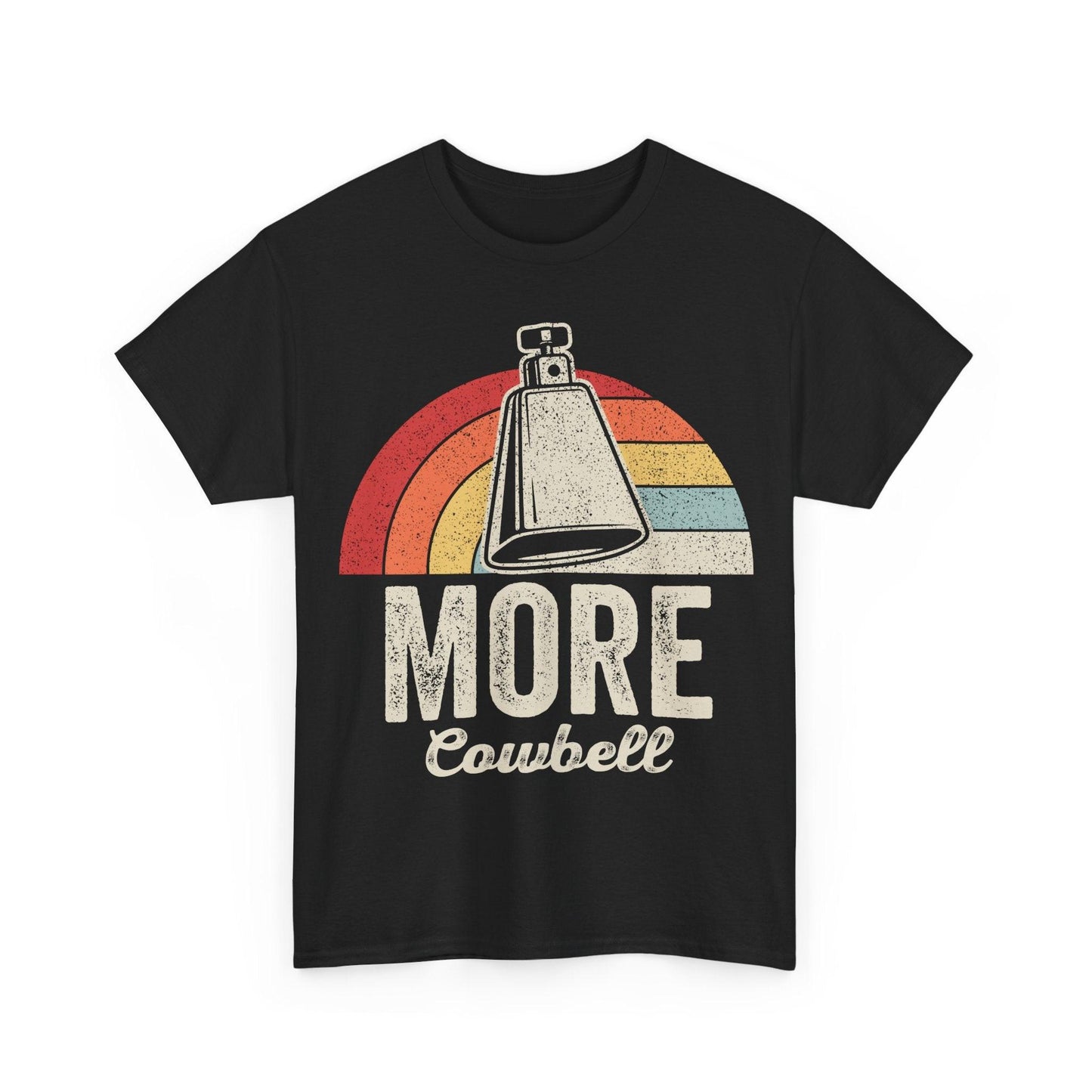 Vintage More Cowbell retro t-shirt with distressed rainbow cowbell graphic on cotton tee
