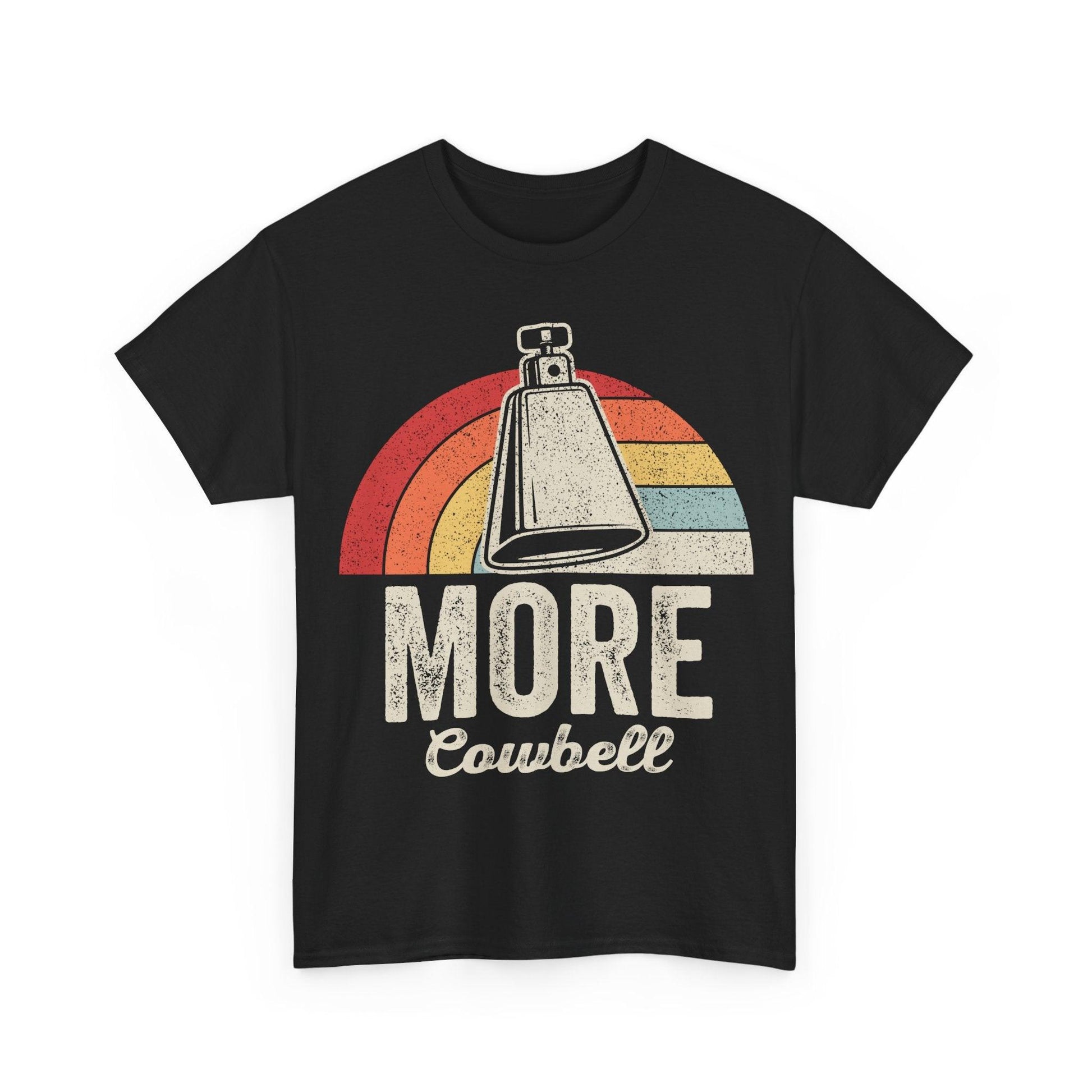 Vintage More Cowbell retro t-shirt with distressed rainbow cowbell graphic on cotton tee