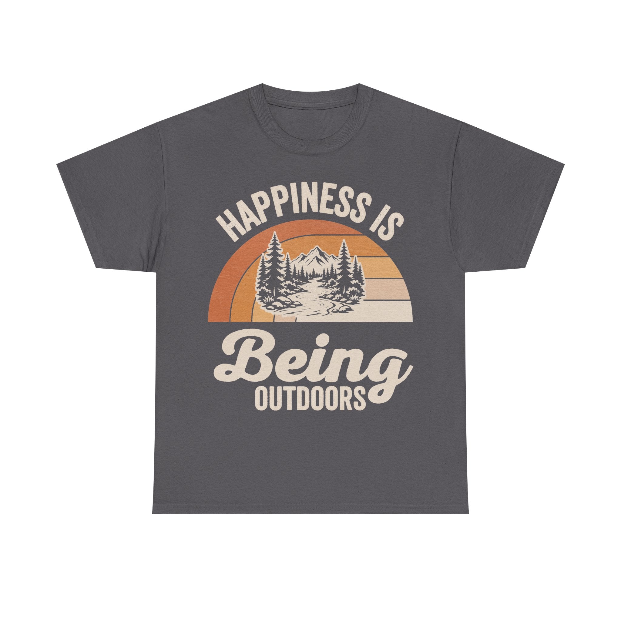 Dark gray T-shirt with a vintage circular sunset mountain graphic featuring trees and the text Happiness Is Outdoors.