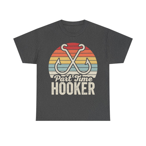 T-shirt Part Time Hooker fishing design on charcoal gray tee with retro sunset stripes and crossed hooks; bold HOOKER text