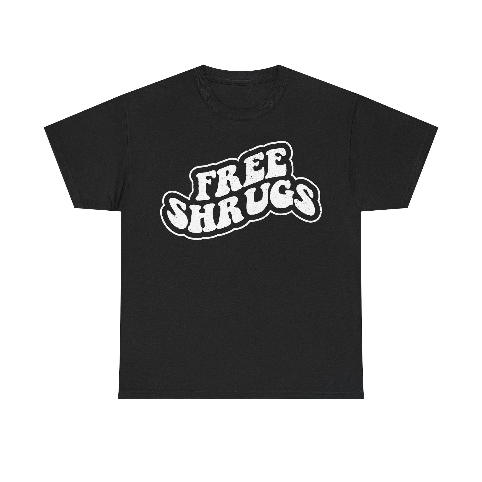 T-shirt, black with white distressed bubble lettering that reads FREE SHIRTS on front graphic
