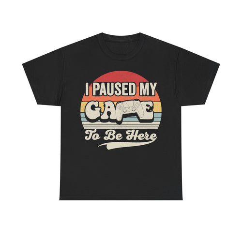 T‑Shirt, black with retro sunset circle and game controller; reads I Paused My Game To Be Here