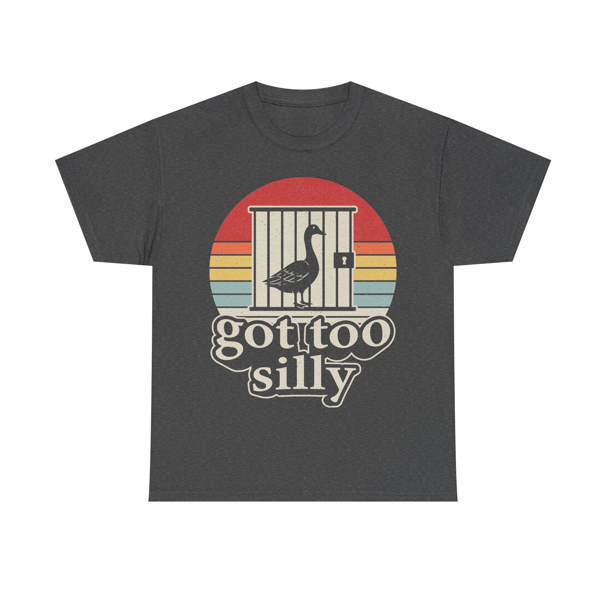 T-shirt in dark gray with a retro sunset cage design and the text goose got silly.