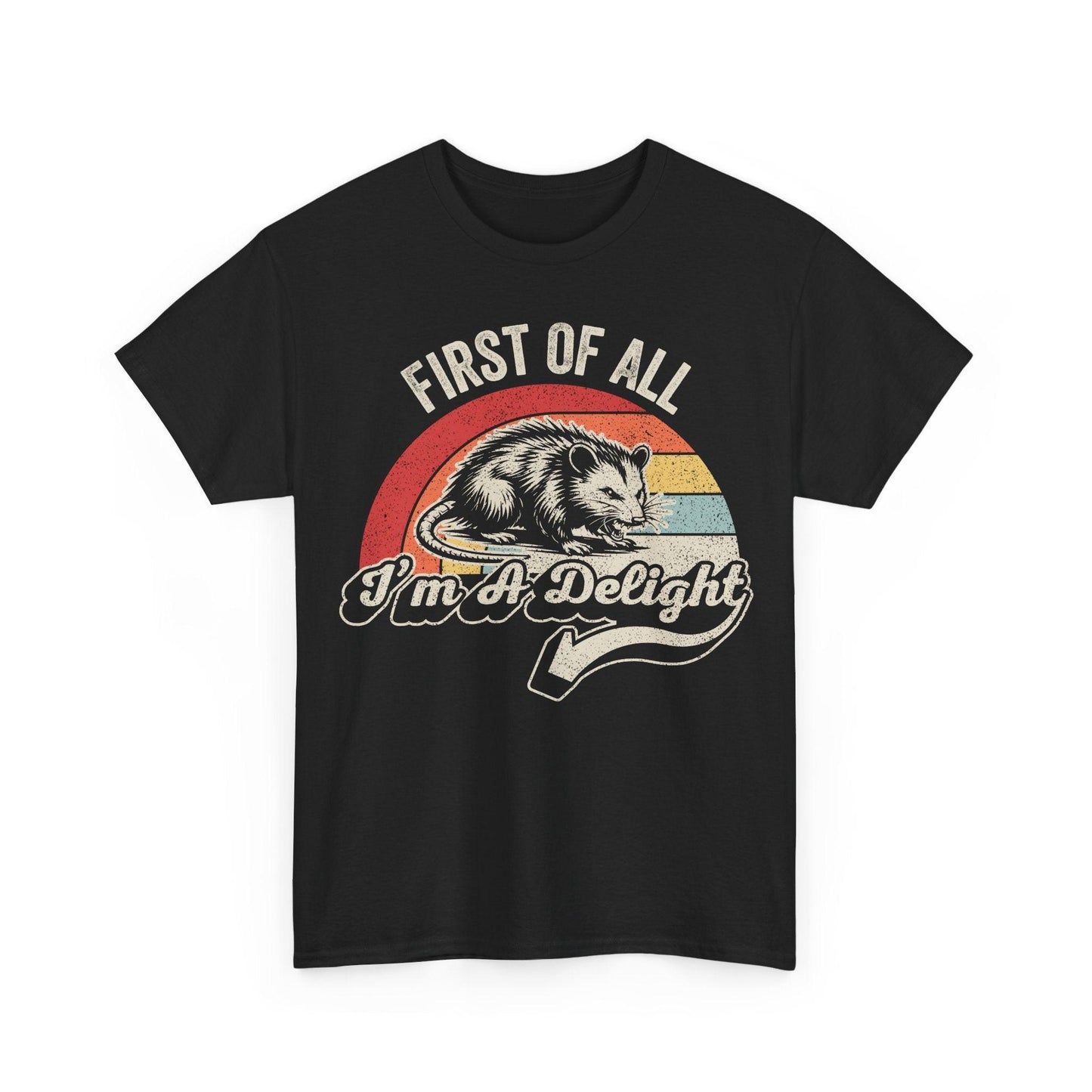 Vintage opossum t-shirt with retro print and "First of All I'm a Delight" slogan on soft cotton fabric