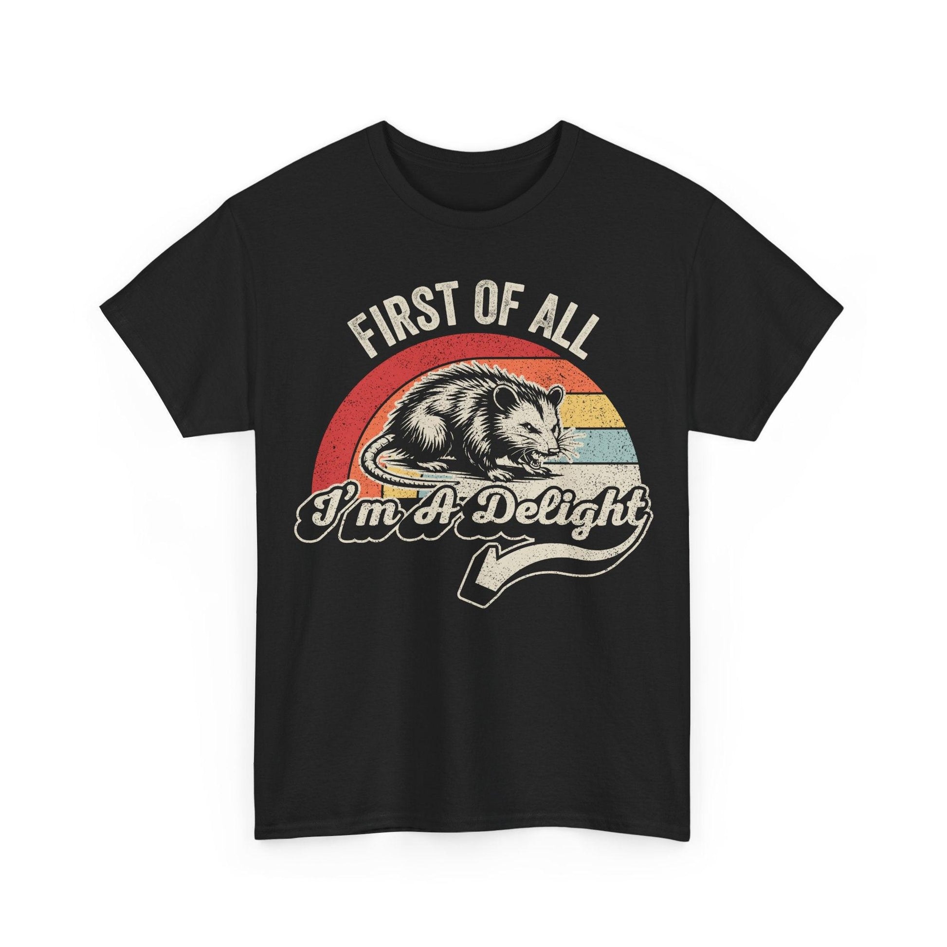 Vintage opossum t-shirt with retro print and "First of All I'm a Delight" slogan on soft cotton fabric