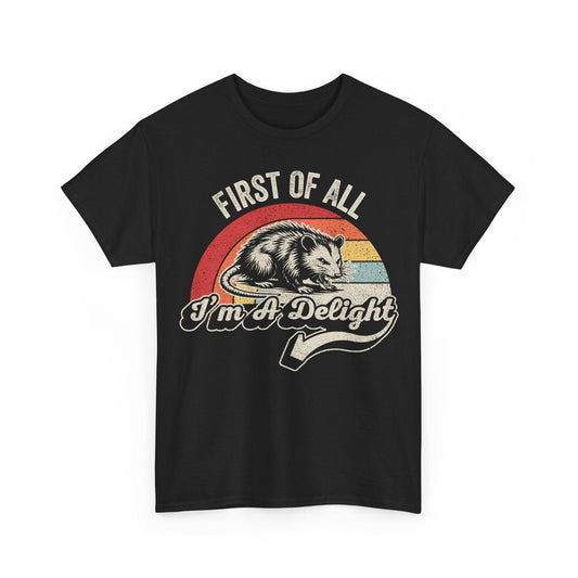 Vintage opossum t-shirt with retro print and "First of All I'm a Delight" slogan on soft cotton fabric