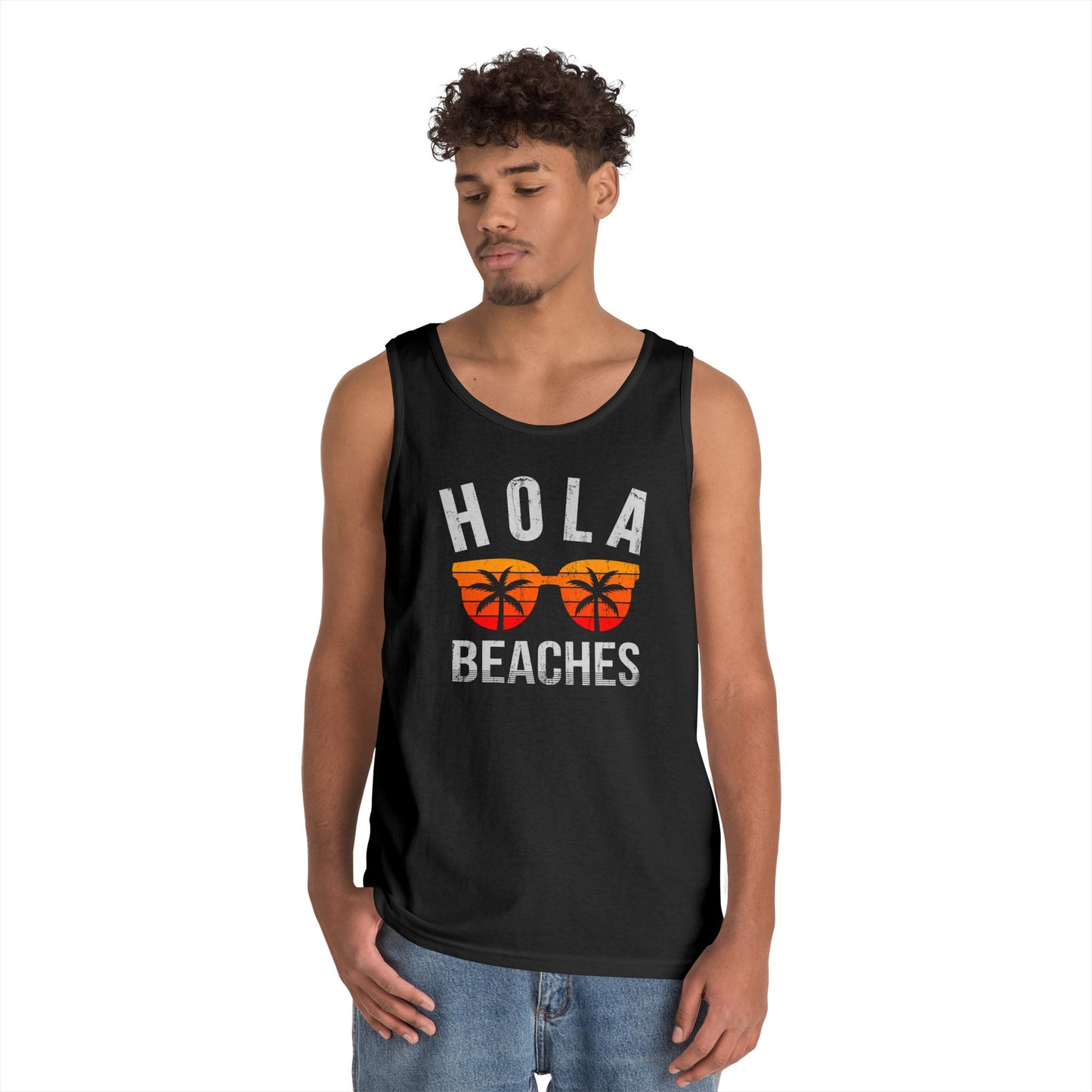 Hola Beaches Tank Top — Funny Summer Beach Tank with Sunglasses Palm Graphic