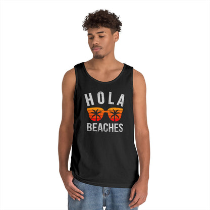 Hola Beaches Tank Top — Funny Summer Beach Tank with Sunglasses Palm Graphic