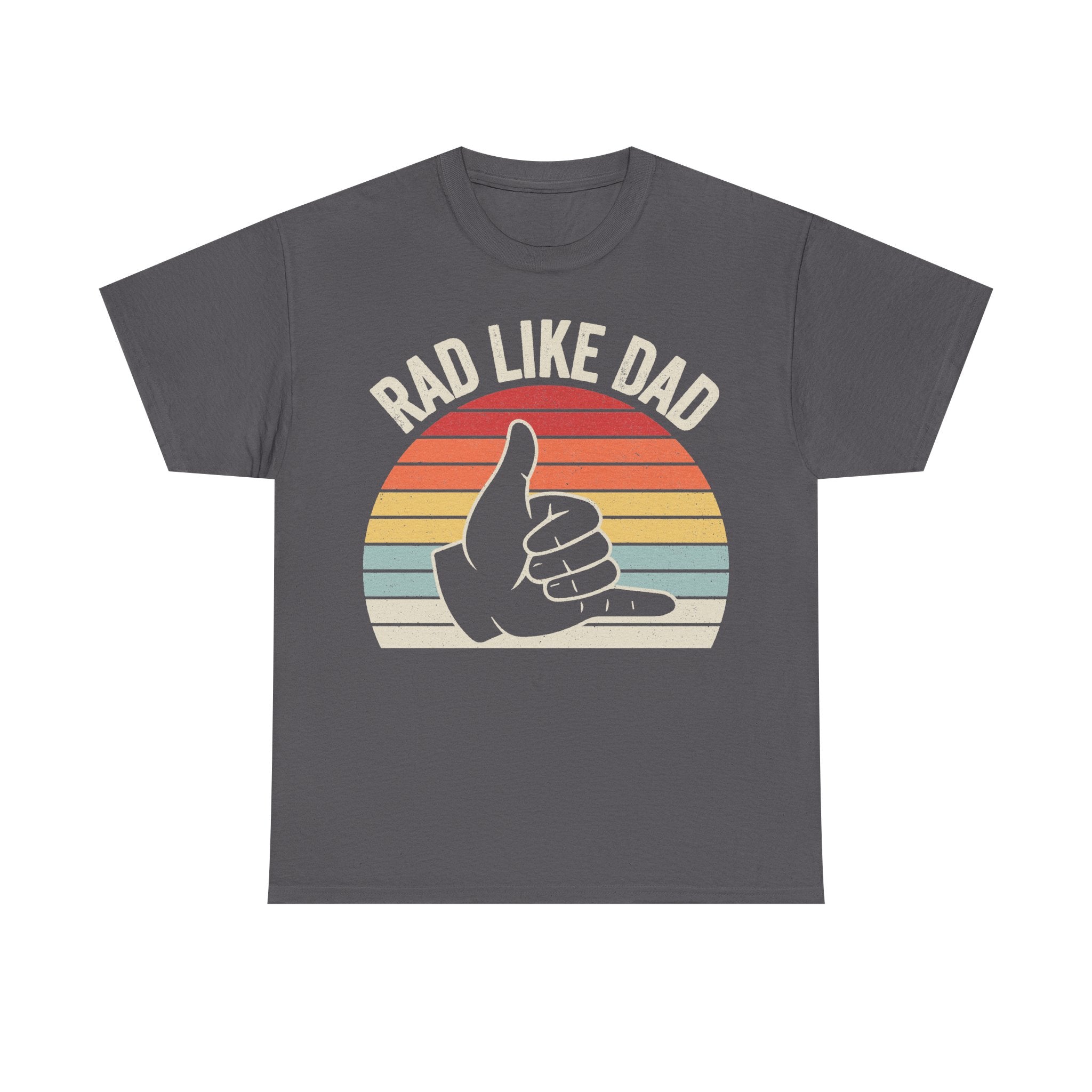 T-shirt, gray unisex with retro sunset circle graphic and RAD LIKE DAD text, thumbs-up design.