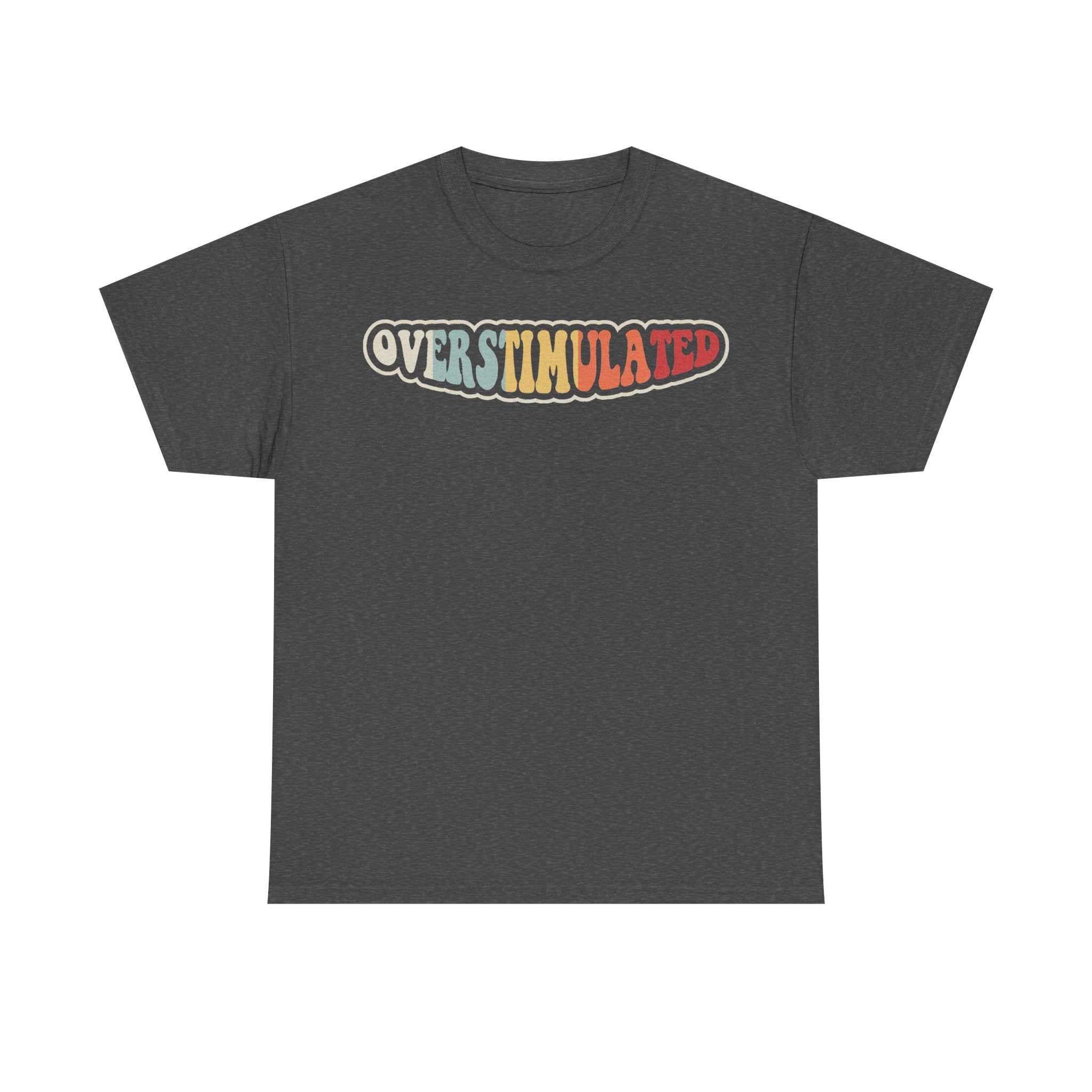 Oversimulated Retro Rainbow Text T Shirt Vintage 80s Nostalgia Bold Statement Tee For Everyday Wear