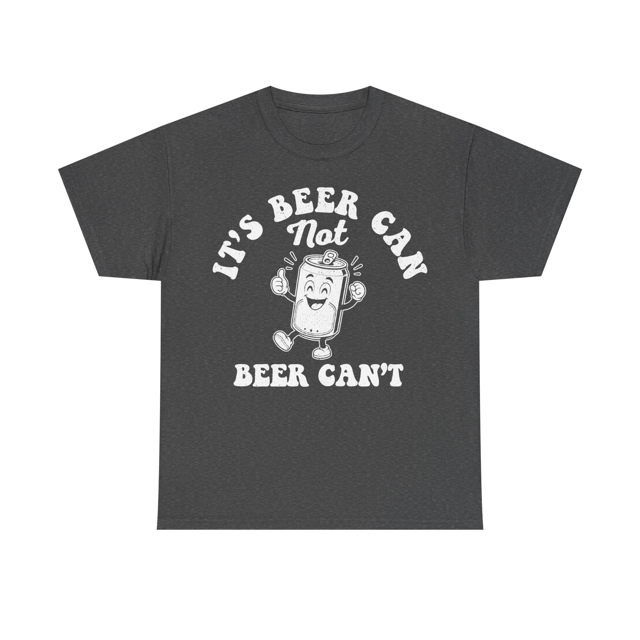 T-shirt with distressed retro beer can cartoon graphic on charcoal gray, featuring a smiling can mascot and curved white text.