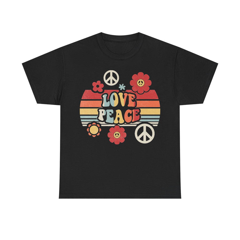 T-shirt with retro peace symbols, red flowers and multicolor stripes on black fabric