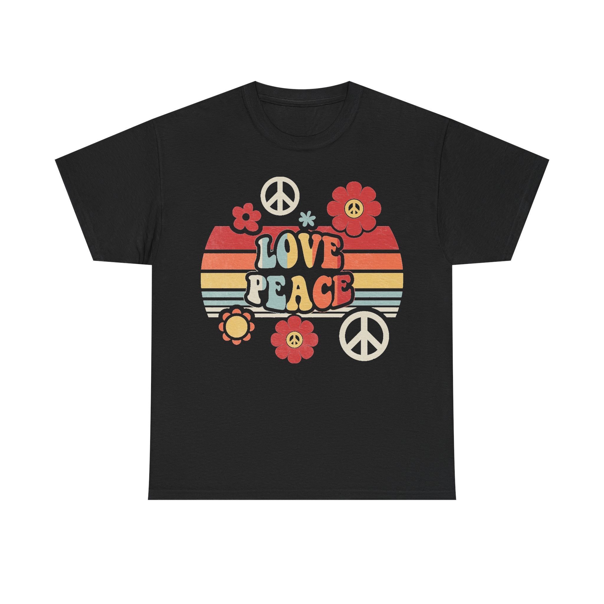 T-shirt with retro peace symbols, red flowers and multicolor stripes on black fabric