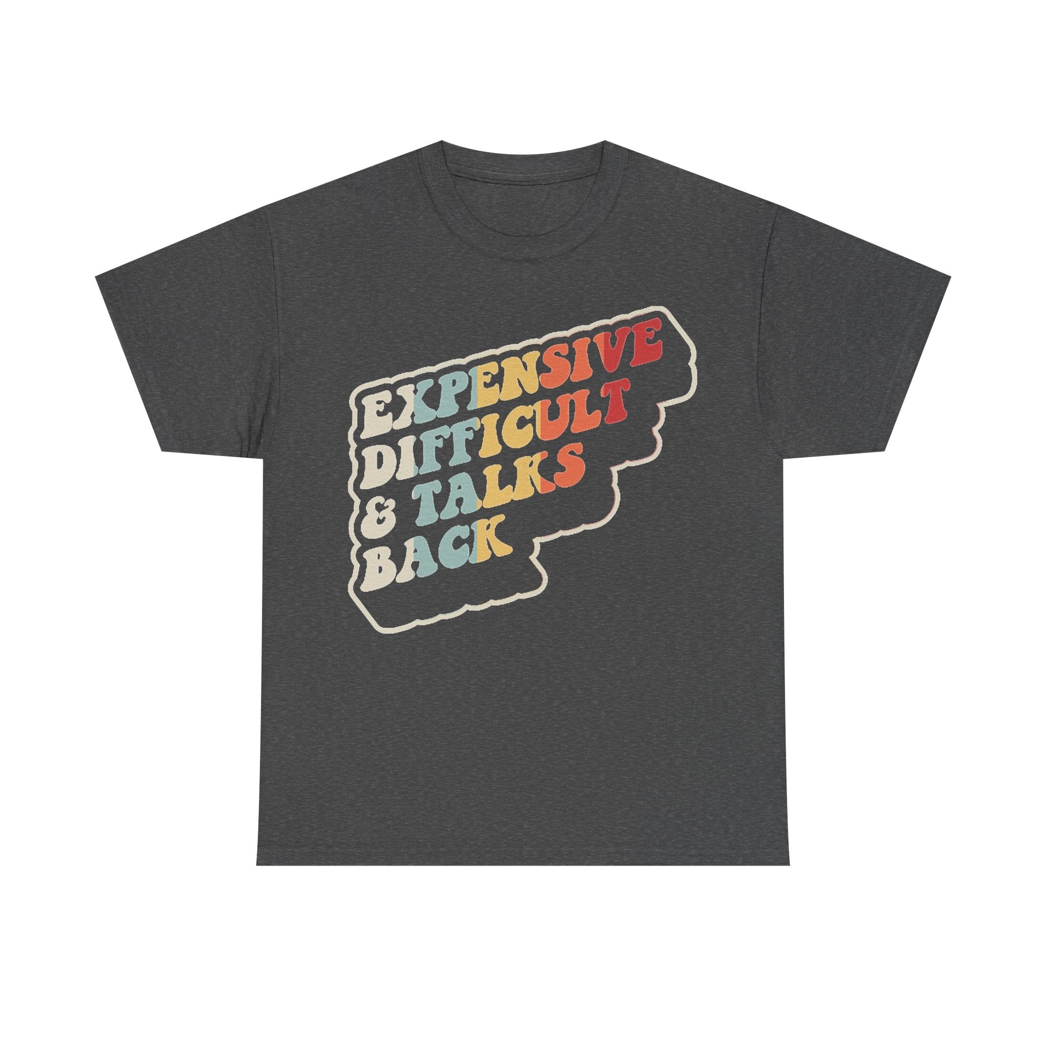 T-shirt dark heather gray with a retro rainbow text graphic on the front