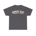 T-shirt in dark gray featuring retro cream distressed typography reading Sweet But Slightly Unstable across the chest.