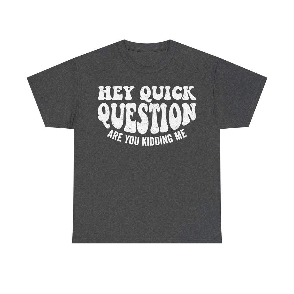 Charcoal T-shirt with bold white retro font reading HEY QUICK QUESTION ARE YOU KIDDING ME