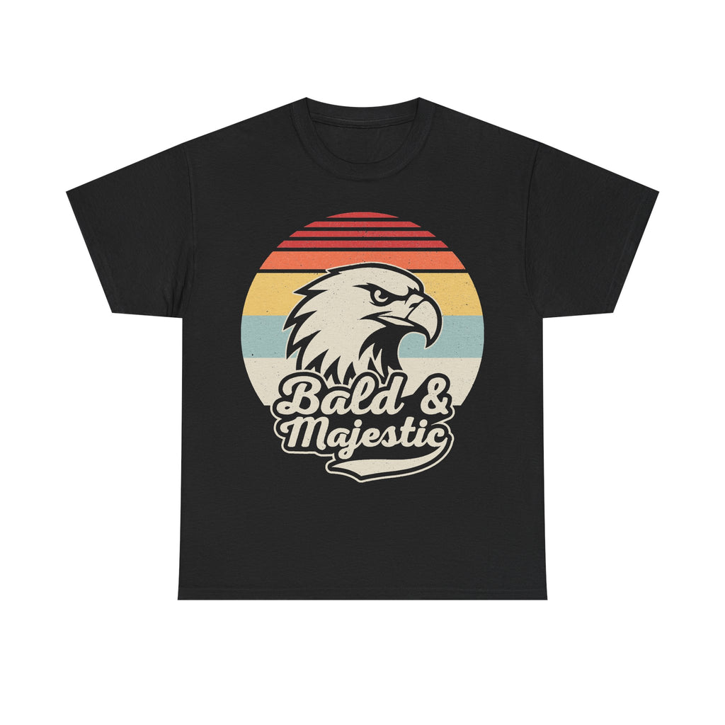 T-shirt in black featuring a retro striped sunset with a bold bald eagle and Majestic lettering on front