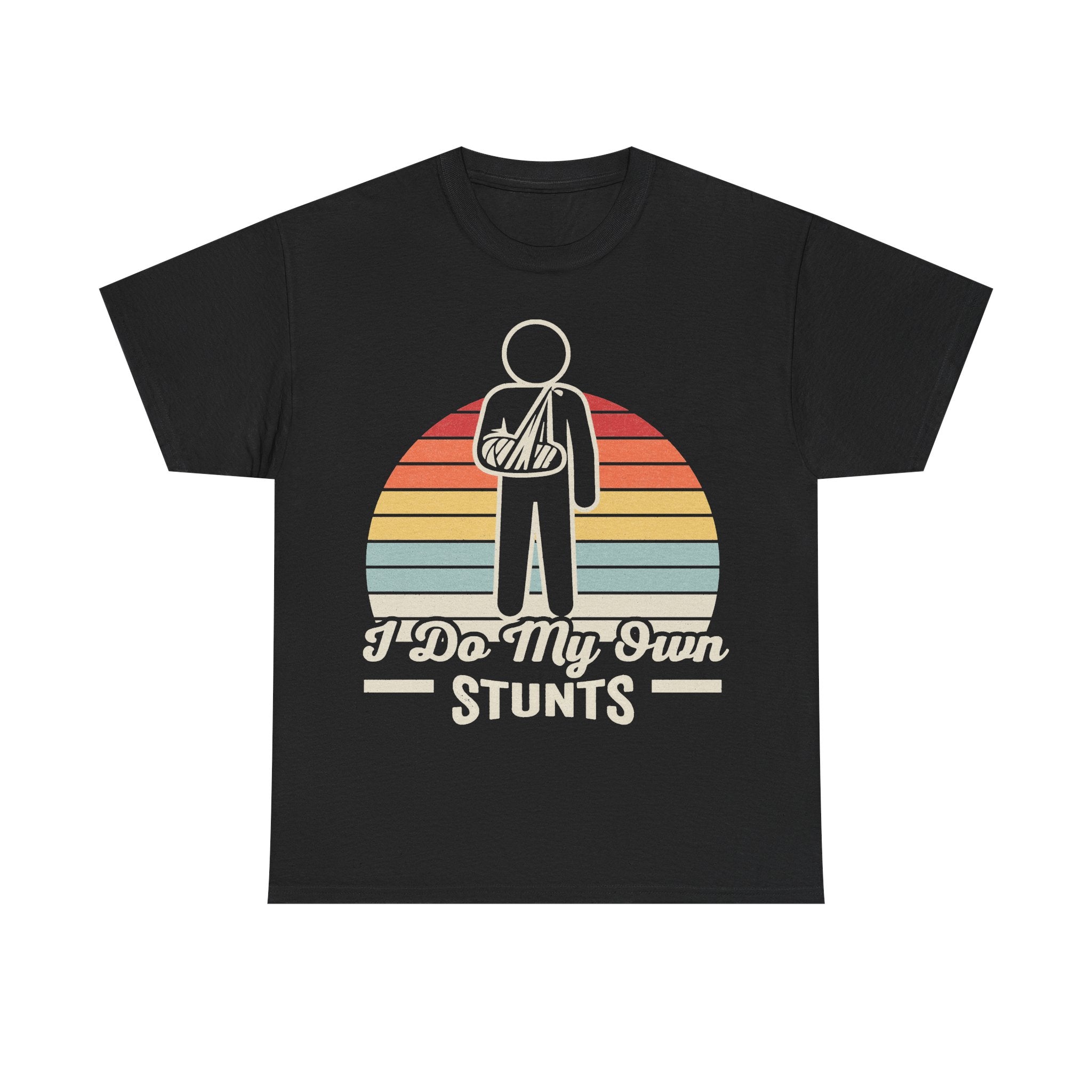 T-shirt, black, retro sunset graphic with a stick-figure and the bold I Do My Own Stunts text