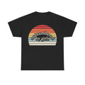 T-shirt: black with retro sunset stripes graphic and the phrase outnumbered by girls.