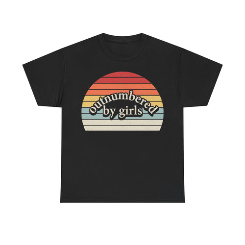 T-shirt: black with retro sunset stripes graphic and the phrase outnumbered by girls.