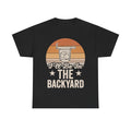 I'll Be In The Backyard Retro Sunset Drink Illustration On Vintage Black T Shirt