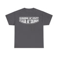 Dark gray unisex T-shirt with white bold text KNOWER OF STUFF FIXER OF THINGS inside a rounded rectangle badge.