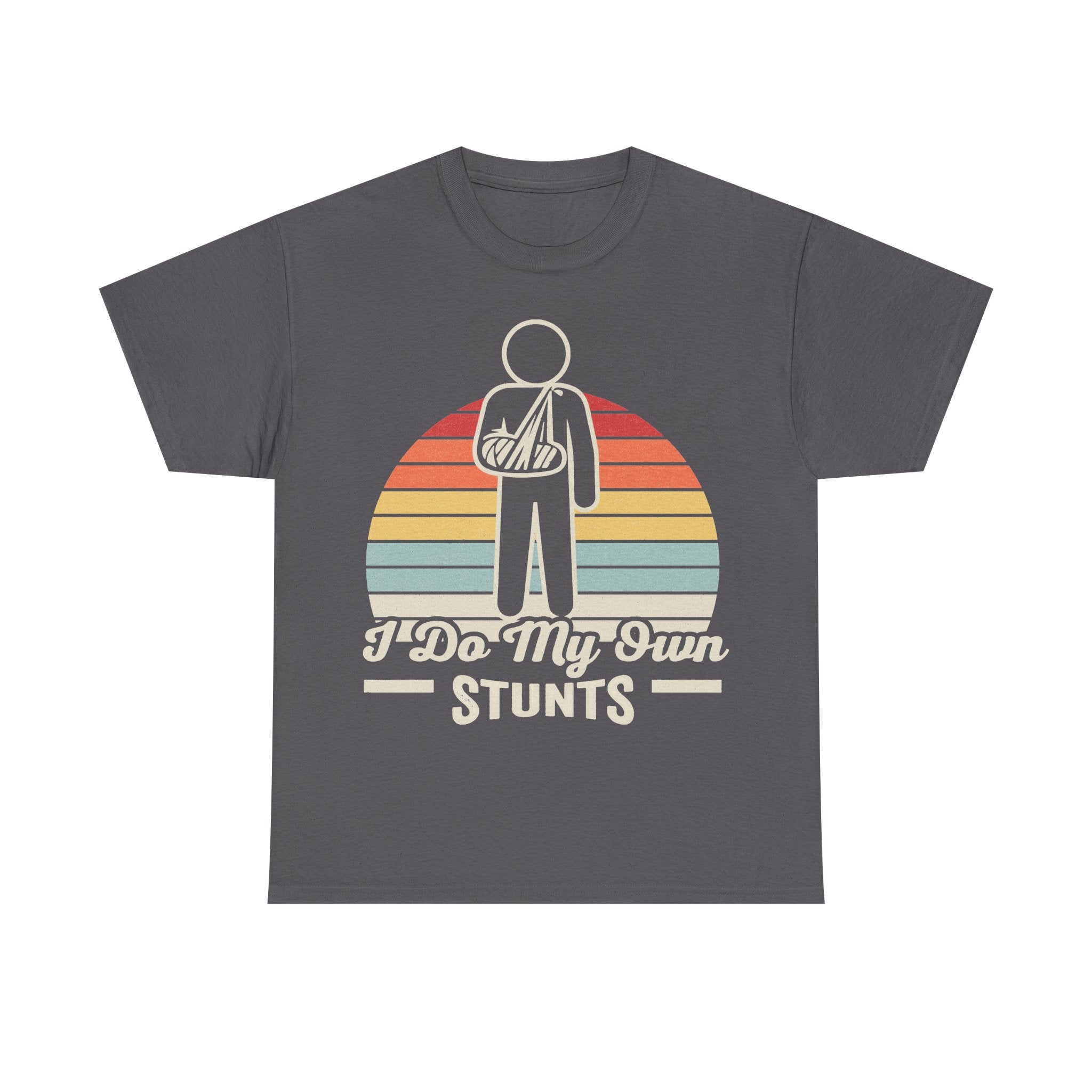 T-shirt in dark gray with retro sunset graphic and a stick-figure silhouette reading I Do My Own Stunts