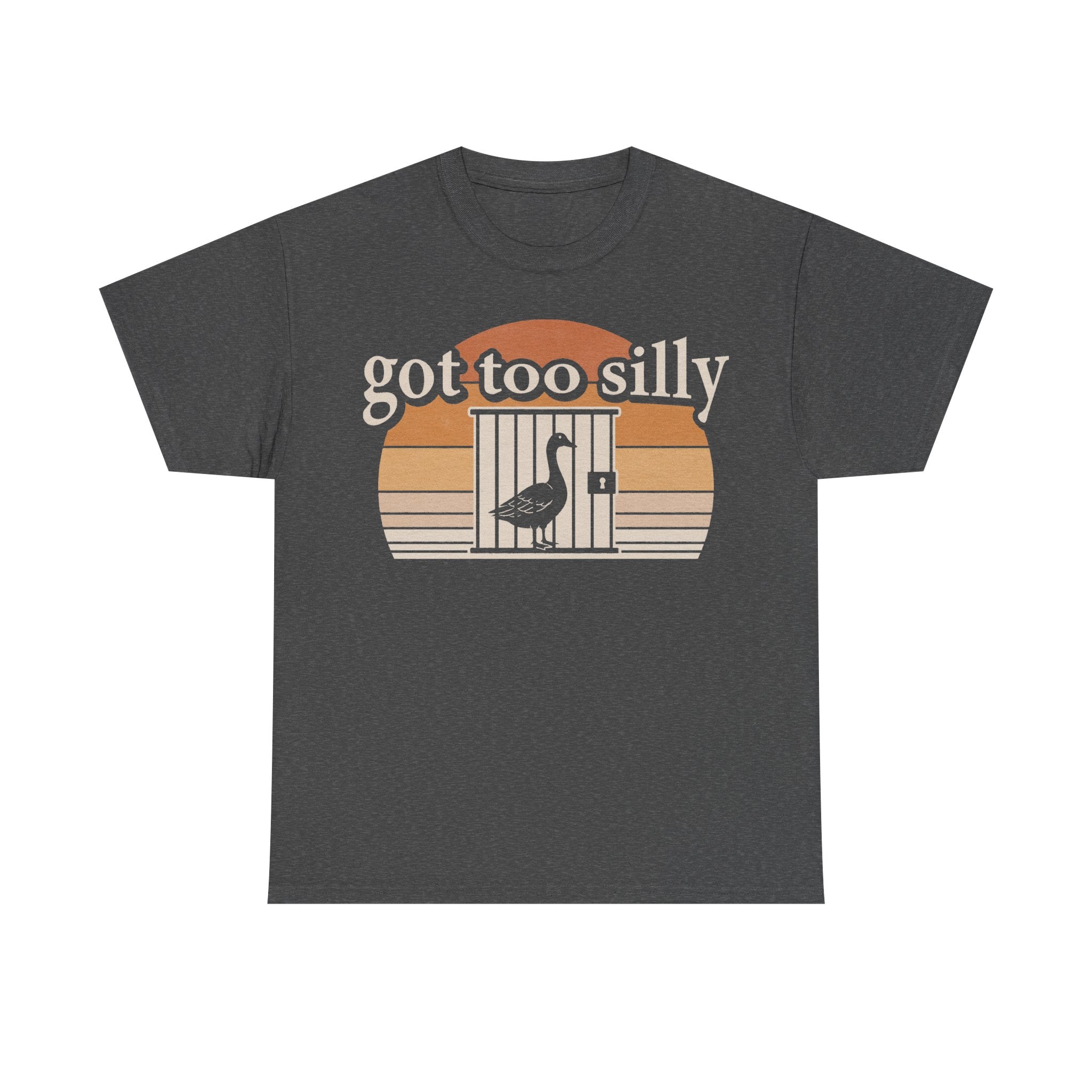 T-shirt in charcoal gray with vintage sunset backdrop and a bird in a cage, white text got too silly.