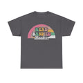 Unisex T-shirt with retro rainbow arc and Read Banned Books text on dark gray shirt.