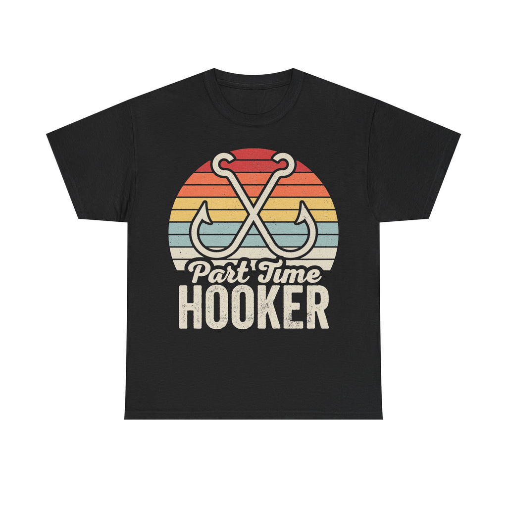 T-shirt, black, with retro sunset stripes and crossing hooks design and Part Time Hooker text