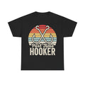 T-shirt, black, with retro sunset stripes and crossing hooks design and Part Time Hooker text