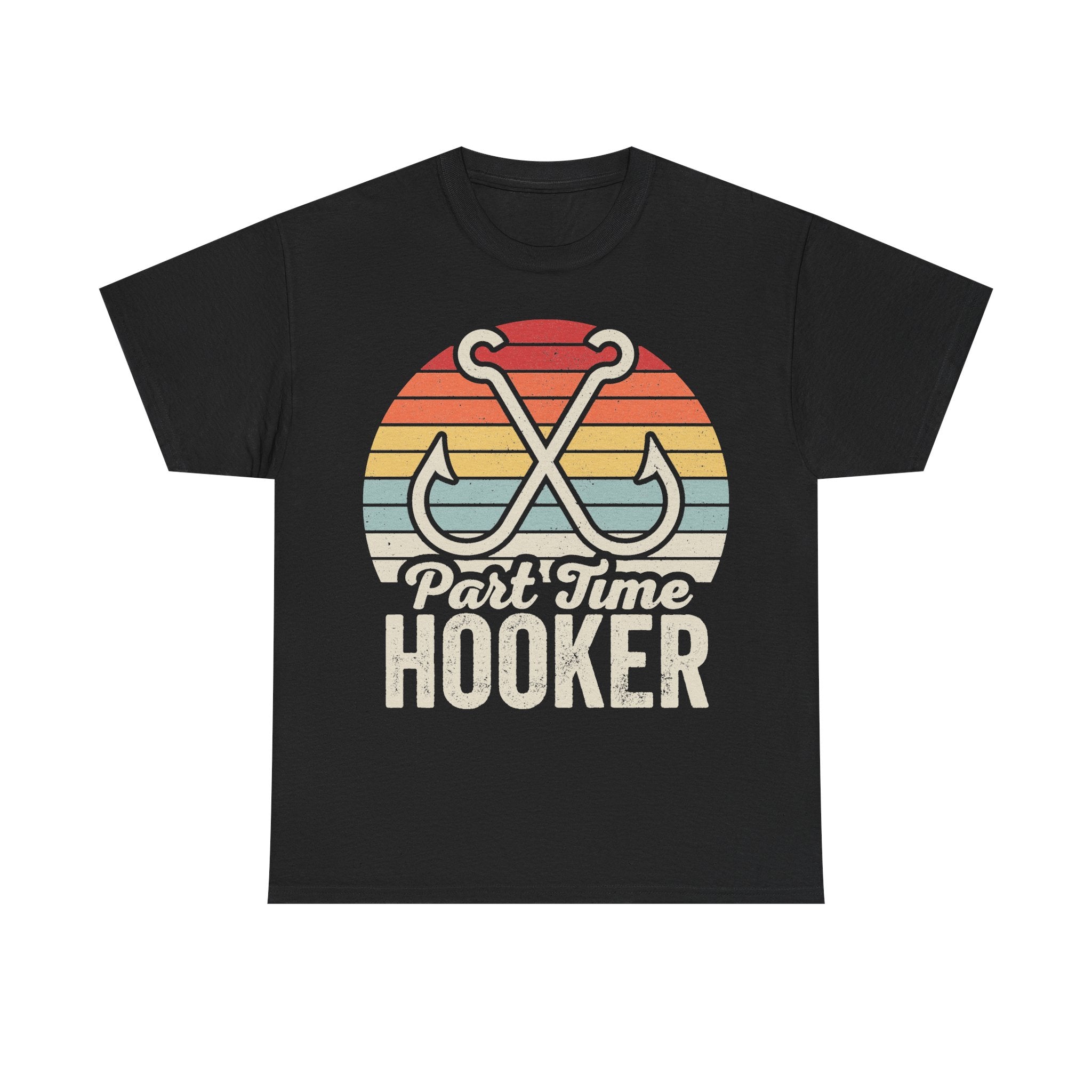T-shirt, black, with retro sunset stripes and crossing hooks design and Part Time Hooker text