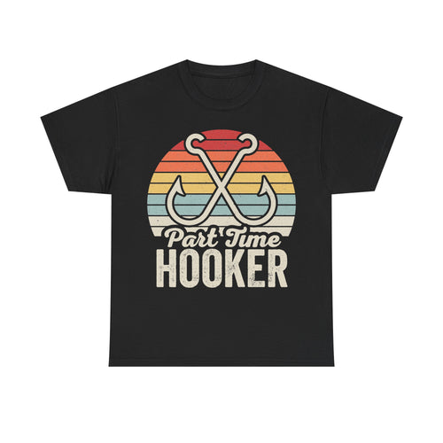 T-shirt, black, with retro sunset stripes and crossing hooks design and Part Time Hooker text