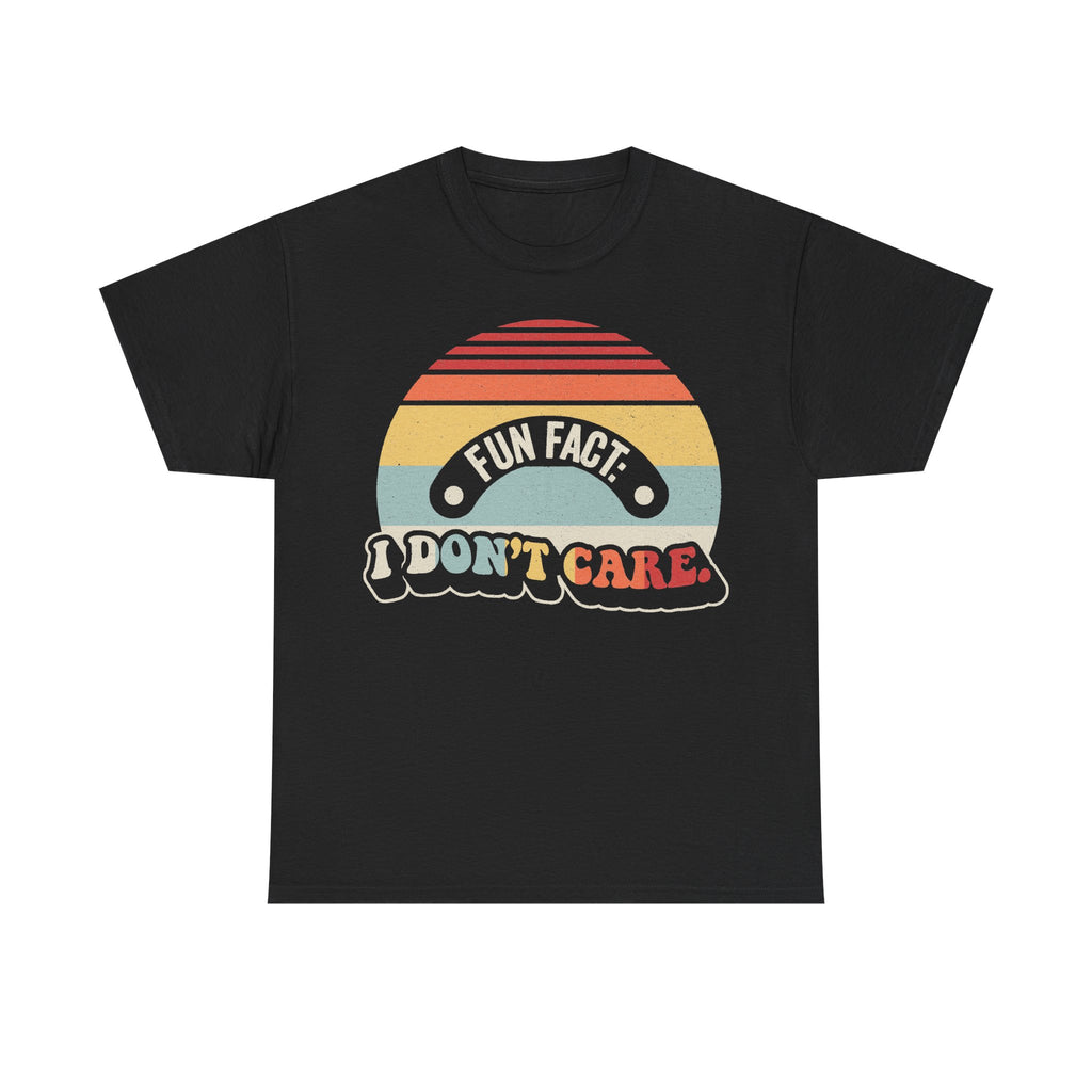 T-shirt, black, with retro sunburst graphic and bold I DON'T CARE text in vintage style