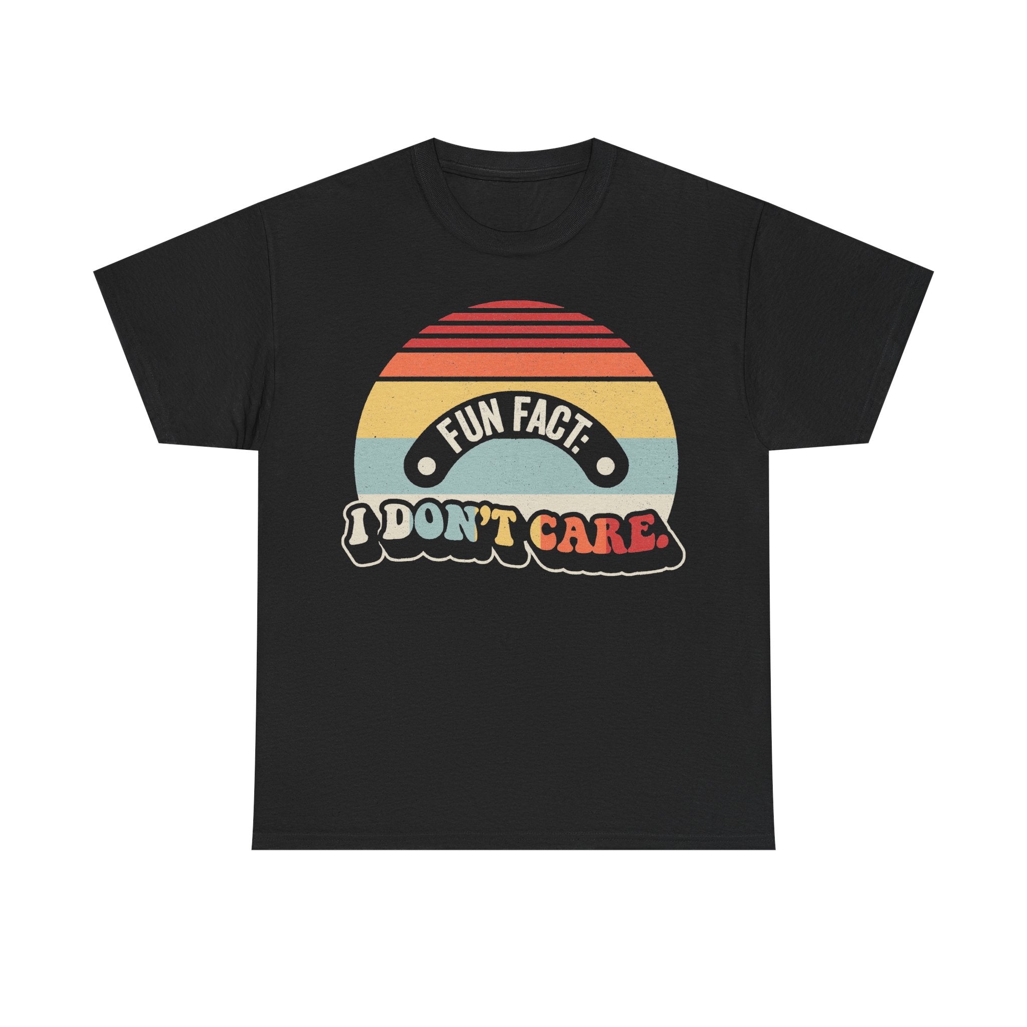 T-shirt, black, with retro sunburst graphic and bold I DON'T CARE text in vintage style