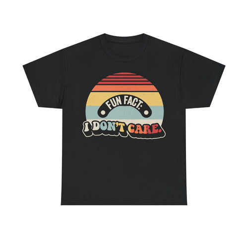 T-shirt, black, with retro sunburst graphic and bold I DON'T CARE text in vintage style