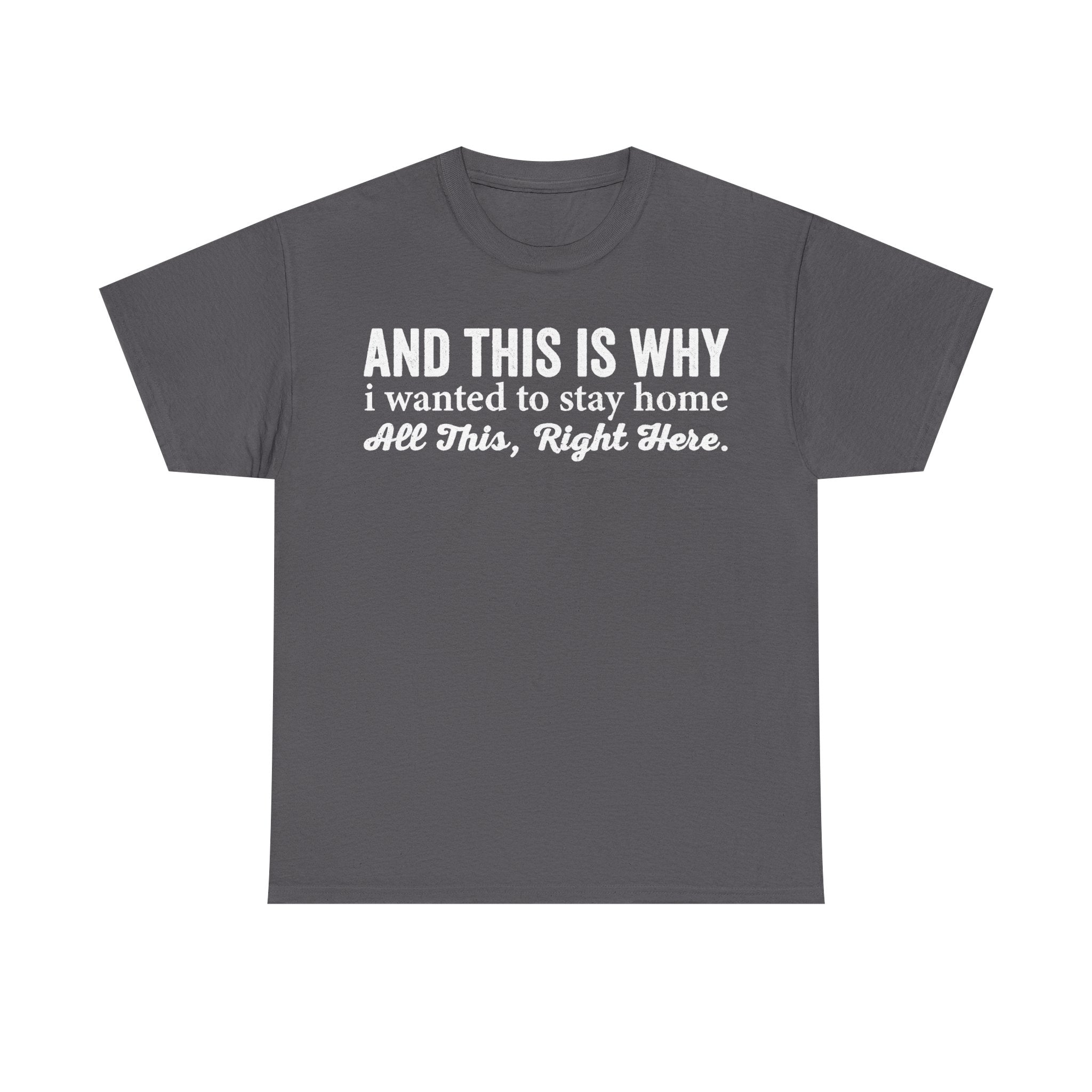 T-shirt on dark gray fabric with distressed white text AND THIS IS WHY i wanted to stay home All This, Right Here.