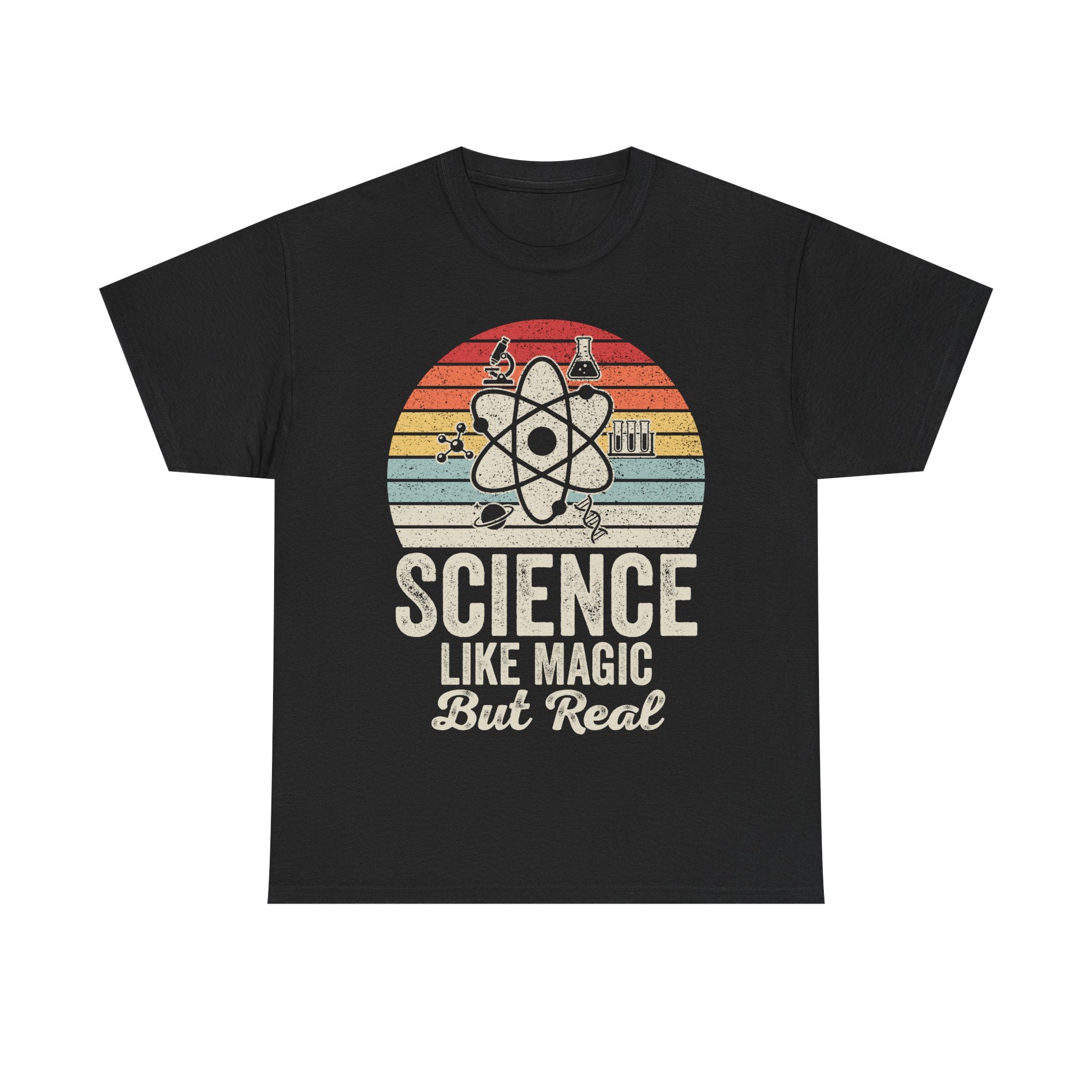 Science Like Magic But Real T-Shirt — Retro Atom Graphic Tee for Science Lovers