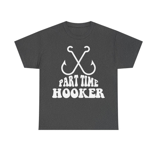 Dark gray T-shirt featuring white distressed crossed hooks graphic and PART TIME HOOKER text.