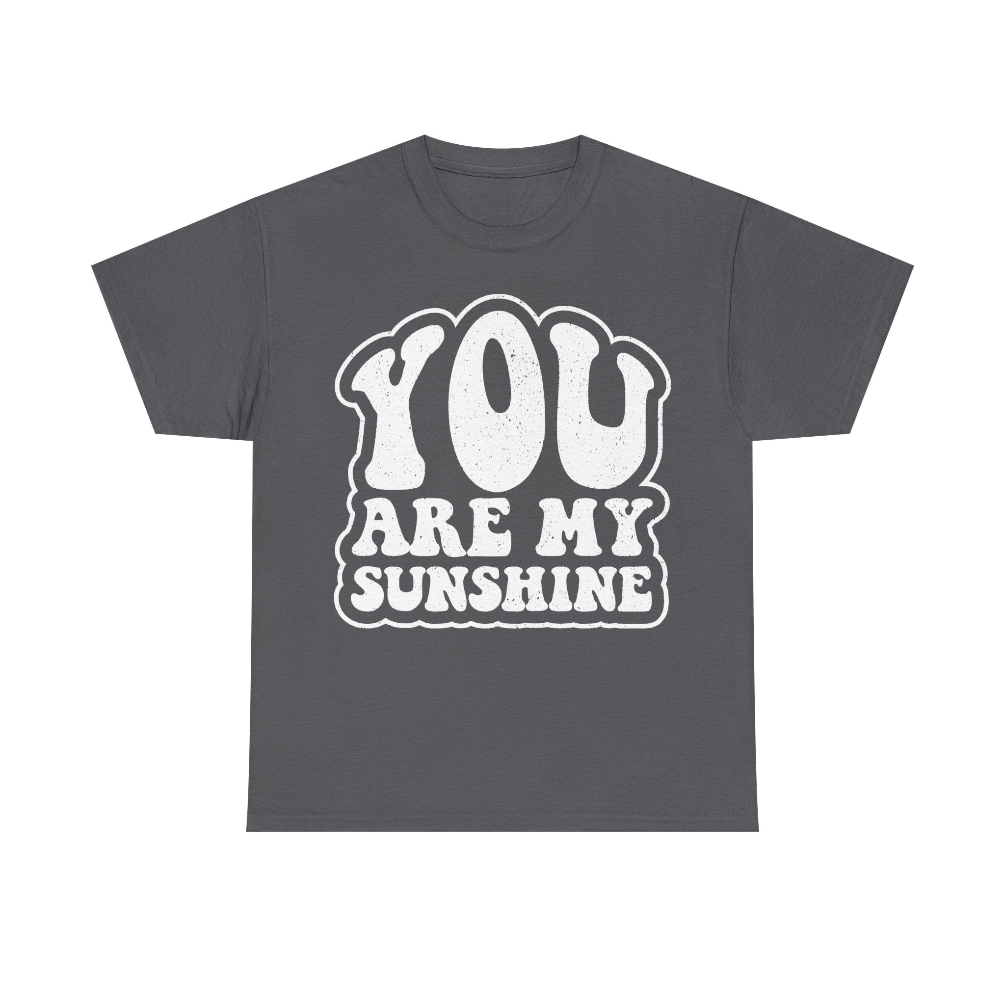 T-shirt, charcoal gray with distressed white YOU ARE MY SUNSHINE lettering and cloud border.