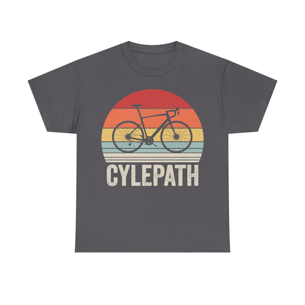 Cyclepath retro bicycle sunset T‑shirt in dark charcoal, circular orange-yellow-blue graphic with bike silhouette and CYCLEPATH text