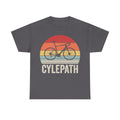 Cyclepath retro bicycle sunset T‑shirt in dark charcoal, circular orange-yellow-blue graphic with bike silhouette and CYCLEPATH text